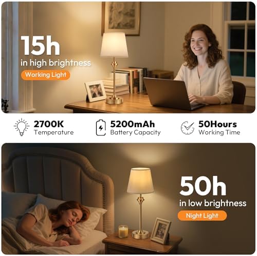 NIORSUN Portables Cordless Table Lamp,Battery Operated Lamp,5200mAh Bedside Table Lamp with Warm White,3 Way Dimmable Touch Desk Lamp for Bedroom Living Room Restaurant White Shade (Gold) - Image 4