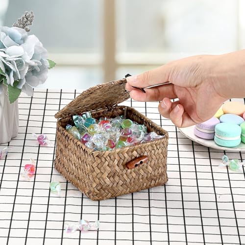 Hipiwe Handwoven Seagrass Basket Bin Small Decorative Shelf Basket Boxes with Lid Wicker Storage Baskets Bins Multipurpose Table Organizer for Key Home Decor, 4.7"L x 4.7"W x 3"H - Image 5