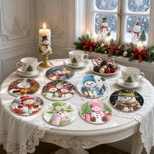 YESUAOOE 8 Pcs Snowman Diamond Art Coasters Kit - DIY 5D Christmas Diamond Painting Coasters with Holder, Mini Diamonds Arts Kits for Adults Coaster, Small Gem Art Arts and Crafts for Adults - Image 3
