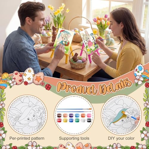 Blosssound 10 Set Easter Vintage Pre Printed Canvas Bunny Eggs Pre Drawn Canvas Painting with Easel Kits 5" x 7" Outline Painting Panels for Beginners, DIY Craft Project, Party Favor, Home Decors - Image 3