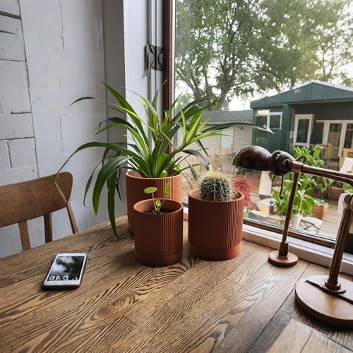 HERDUK Modern Terra Cotta Pots, 6 Inch 5.1 Inch 4 Inch Ribbed Textured Clay Planter Set with Drainage Holes & Saucers, Garden Pots for Indoor/Ourdoor Plants Succulent, Cactus & Herb - Image 6