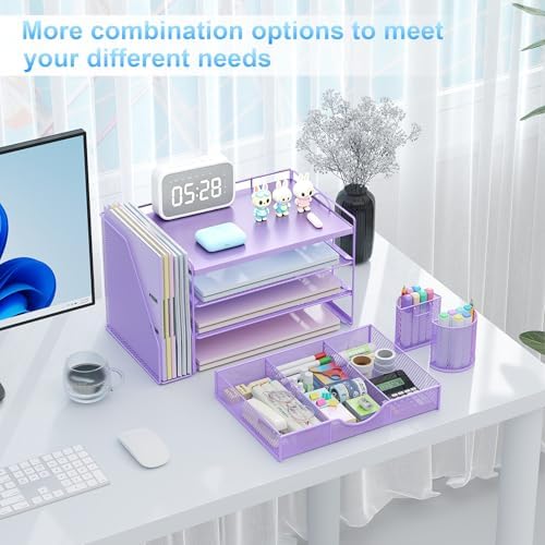 gianotter Wood Desk Organizers and Accessories with File Holder, 4-Tier Desk Accessories & Workspace Organizers with Drawer and 2 Pen Holder, Desk Reference Organizer (Purple, 4T with Metal Drawer) - Image 4
