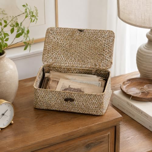 Seagrass Wicker Storage Basket with Lid, Small, Whitewash - Image 2