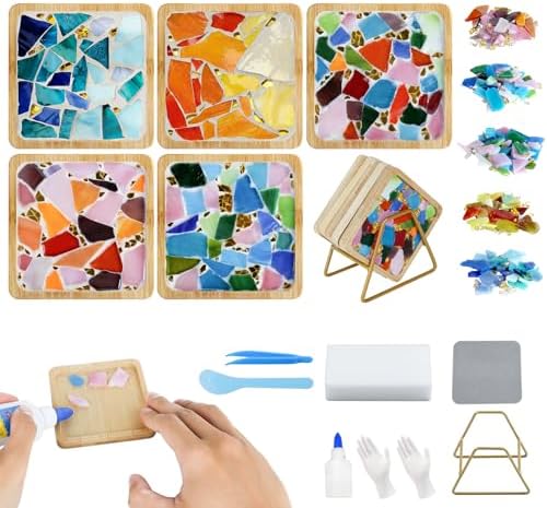 Karidge 5 Sets DIY Mosaic Kit, Mosaic Tiles for Crafts, Mixed Color Stained Glass with Wooden Coaster for Adults Women, Complete Mosaic Coaster Kit for Handmade Holiday Home Decoration Gifts by Karidge