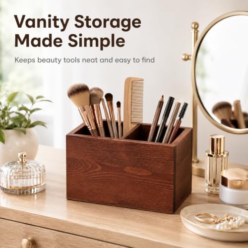 Wooden Pen Holder for Desk, Double‑Slot Walnut Finish Pencil Organizer - Image 5