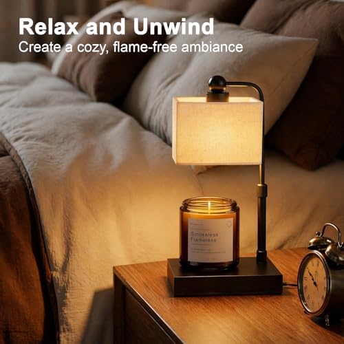 Candle Warmer Lamp with Timer, Dimmable, Adjustable Height, Modern Farmhouse Linen Shade, Black Candle Warming Lamp for Up to 6-Inch Jar Candles, 2 Bulbs Included - Image 4