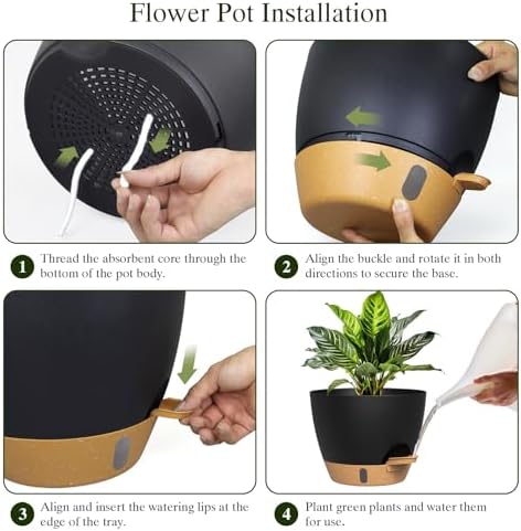 Plant Pots, 4 Pack 12/10/9/8 Inch Self Watering Pots with Drainage Holes, Water Level Indicator Deep Reservoir, Large Planters for Indoor Outdoor Plants - Black Brown - Image 3