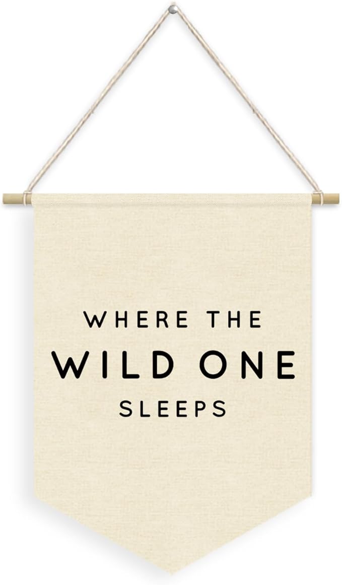 Bedroom Decor Where The Wild One Sleeps Linen Pennant Banner，Adventure Nursery Wall Hanging Flag Banner for Nursery Kids Room Playroom Camper Decor