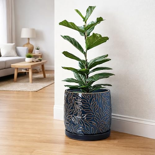 D'vine Dev Embossed Leaves Ceramic Planter, 10 in, Midnight Blue, 27-A-P-3 - Image 7