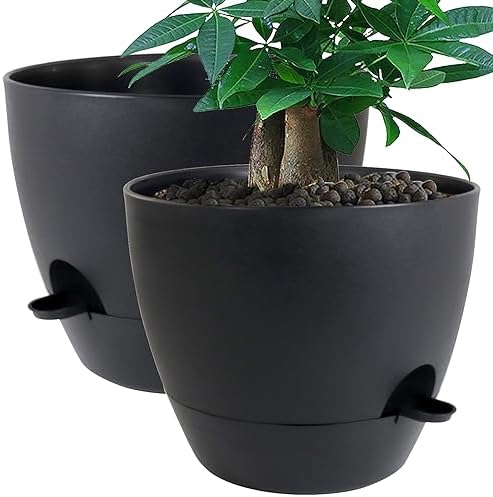 UOUZ 12inch 2Pack Large Self Watering Planters, Plastic Plant Pots with 60oZ Removable Deep Reservoir and Multi Mesh Drainage Holes for Indoor Outdoor Garden Plants and Flowers, Black by UOUZ