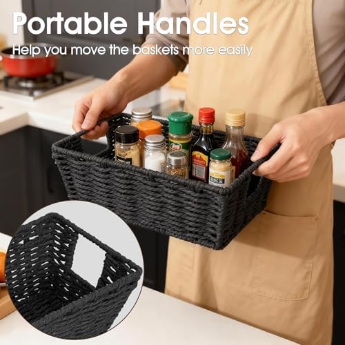 Paper Rope Storage Baskets for Shelves Organizing, Small Hand Woven Wicker Organizer Basket with Handle for Bathroom Toilet Paper Storage, Black, 3-Pack - Image 4