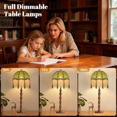 ILLMTW Vintage Table Lamp for Bedroom Living Room,Fringe Bedside Lamps Dimmable Boho Bedroom Lamp with Flower Green Lamp Shade,Mid Century Retro Tassel Unique Wood Small Nightstand Lamp Tiffany Decor - Image 2