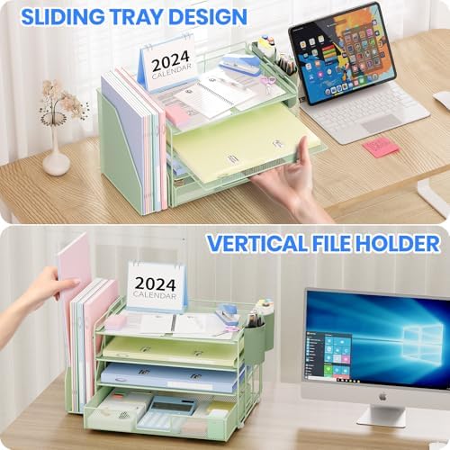 OPNICE Desk Organizer, 4-Tier Desktop File Organizer with Drawer and Pen Holders, Office Desk Accessories, File Sorters, Workspace Organizers for Office Supplies(Green) - Image 4