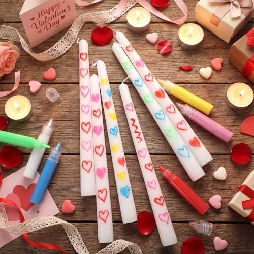 Lounsweer 12 Pcs Galentine DIY Candle Painting Kit Bulk 6 Set Ivory Taper Candles and Wax Pen Valentine's Day Candle Painting Crafts Gifts for Adult Couples DIY Making Crafts Wedding Party Decor - Image 2