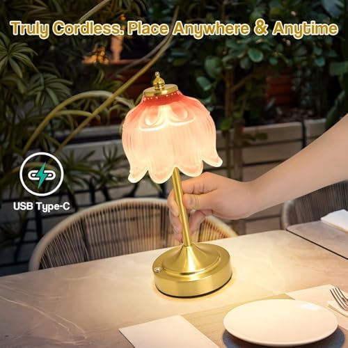 Cordless Table Lamp, Rechargeable Blush Pink Glass Lotus Flower Lamp - Image 2