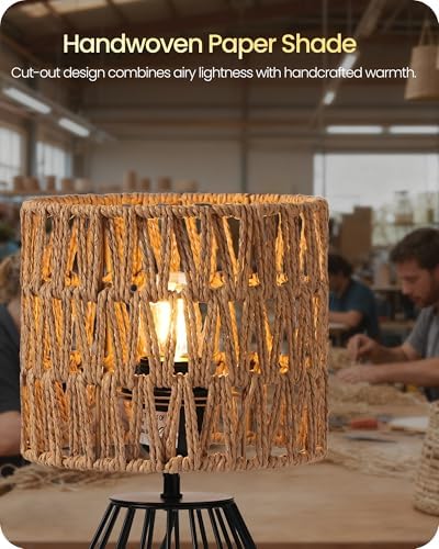 Rattan Table Lamp, Boho Table Lamp, Small Bedside Lamp, Handwoven Paper Lampshade, 2700K LED Bulb Included, Boho Desk Lamp, Modern Nightstand Lamp for Bedroom, Living Room, HW06TL05 - Image 4