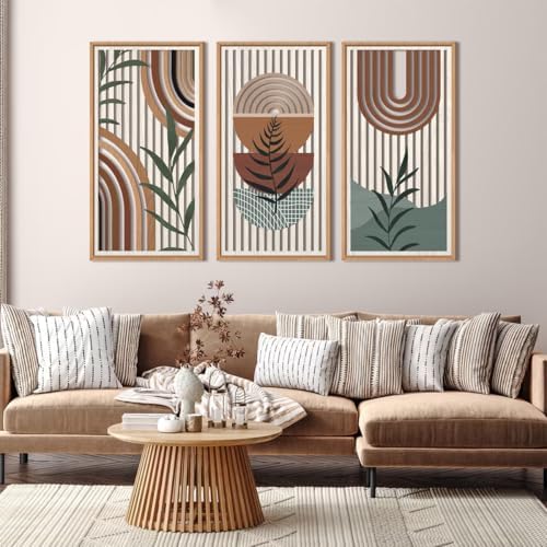 IARTTOP Framed Boho Mid-Century Modern Wood Wall Art 16x32 Inch Large Bohemian Abstract Geometric Wooden Wall Decor Minimalist Brown Green Plant Decor for Bedroom Living Room Dining Room Set of 3 - Image 2