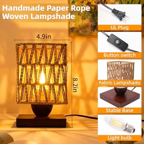 Small Rattan Table Lamp,Boho Mini Bamboo Bedside Lamps for Bedroom,Handwoven Vintage Wicker Nightstand Lamp with LED Bulb,Woven Ambient Night Light for Living Room Office Entryway Home Decor - Image 5