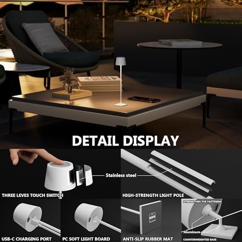 Timjorman Compact Cordless Table Lamp, Rechargeable LED Night Light, Dual Light Source (RGB Top & Warm Bottom), Touch Control & Timer, Metal Lamp for Bedroom & Kids Room (White 1PACK) - Image 3