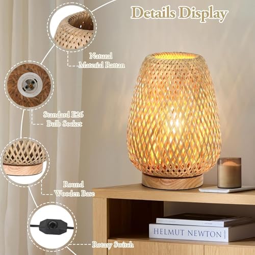 Rattan Table Lamp, Stepless Dimmable Small Beside Lamp, Vintage Wicker Wooden Nightstand Boho Bamboo Woven End Table Lamps for Bedroom Living Room Desk Kids Room, 2700K T45 LED Bulb Included - Image 4
