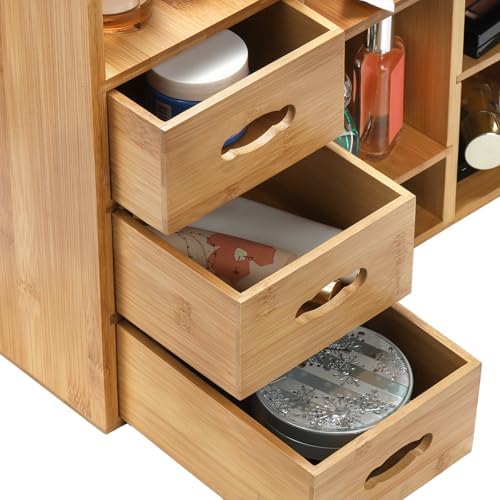 Coloch Bamboo Makeup Organizer with Drawers, Large Cosmetics Storage Shelf for Vanity Countertop Skincare Organizer for Desktop, Skincare, Beauty Supplies, Cosmetics Display, Stationery Storage - Image 4