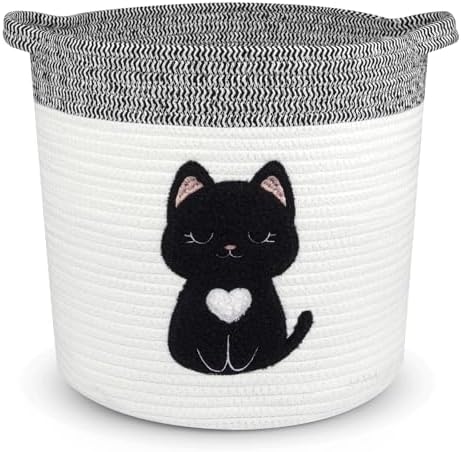 Black Cat Storage Basket - Woven Cotton Rope Basket with Soft Felt Patch, Foldable Organizer for Nursery, Pet Toys & Laundry, Gift & Home Decor (11.8 Inch, Washable) by JEROKUMI