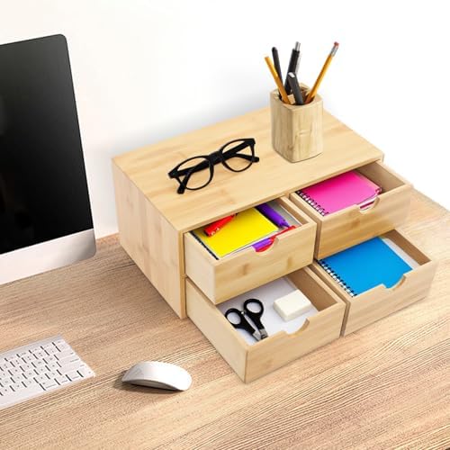 Small Desk Drawer Organizer, Bamboo Mini Desktop Drawer, Wood Tabletop Storage Organizer Box for Office Home Dormitory Toiletries Cosmetics Supplies, No Assembly Required (4 Drawers) - Image 4