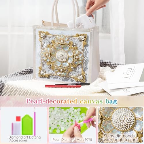 Xylzzuit DIY Pearl Painting Canvas Tote Bag Kit 11.42IN Diamond Art Handbag for Women Shopping Grocery Bag Dots Beads Art Craft Gift (Flower02) - Image 6