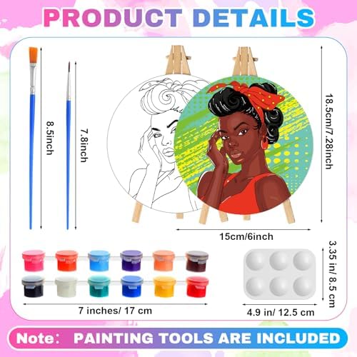 Supervitae 72 Piece Black Girls Round Pre Drawn Canvas Kit 5.9" Paint and Sip Kit for Adults Painting Party Pre Printed Canvas DIY with Pictures Paints Easels Brushes for Party Gifts - Image 2