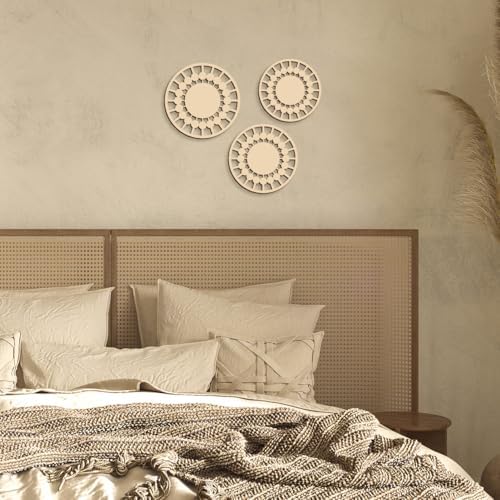 Boho Wooden Wall Decor Set of 3, Geometric Wood Wall Art for Living Room Bedroom Bathroom, Neutral Farmhouse Wall Decor, Modern Minimalist Round Wall Hanging, Ready to Hang - Image 6