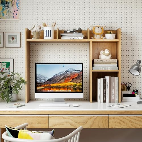GIANTEX Desktop Bookshelf, Wood Desk Hutch Organizer for 27 Inch Computer Monitor, Countertop Storage Display Rack with 5 Shelves, Multipurpose Desktop Shelf Bookcase for Dorm Office Home, Natural - Image 2