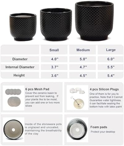 4 + 5 + 6 Inch Ceramic Pots for Indoor Plants, Succulents Plant Pots, Orchid Flower Pot with Drainage Hole, Modern Clay Stoneware Planters, Set of 3 (Black, 4+5+6 Inch) - Image 2