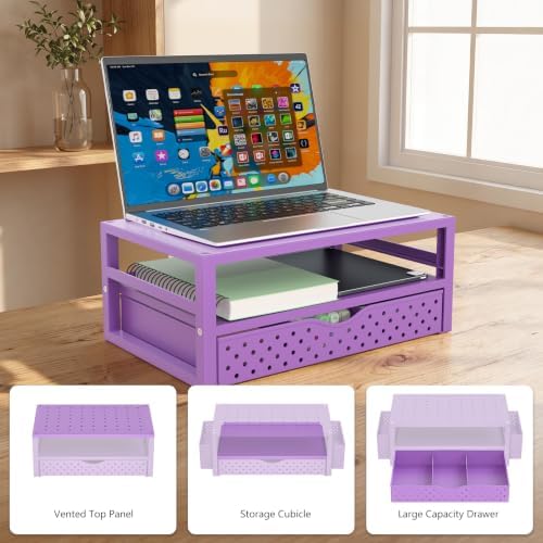 WALI Desk Organizer with Drawer，Computer Monitor Stand with Storage, Desk Organizers and Accessories for Computer, Printer, Laptop Riser for Home Office Supplies, (PTT005-V), 1 Pack, Purple - Image 7