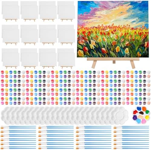 Qilery 24 Set 8 x 10 Inch Canvas Boards and Easel for Painting, Acrylic Paint Strips, Brushes, Palettes, Art Painting Kits for Artists Beginners Oil Acrylic Craft Party Favors by Qilery