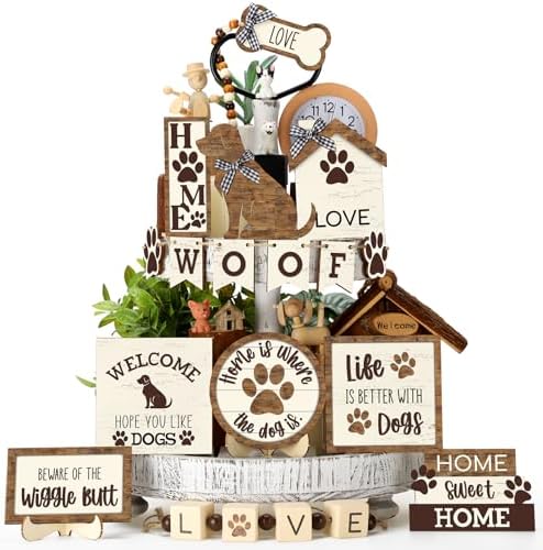 Mifoci 16 Pcs Dog Tiered Tray Decor Wooden Signs, Farmhouse Woof Love by Mifoci