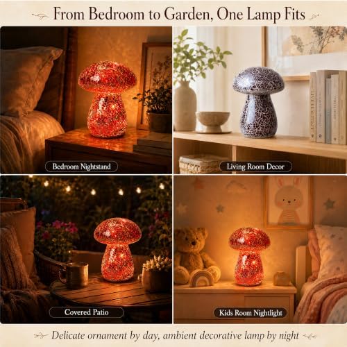 Mosaic Mushroom Table Lamp, Handmade LED Night Light, Red - Image 6