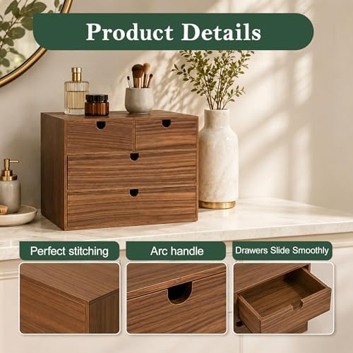 3-Tier Wooden Desk Organizer with 4 Drawers, Walnut Finish - Image 4