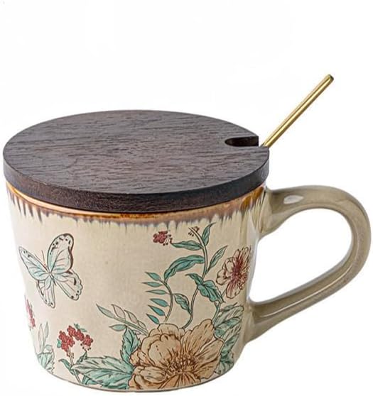 14OZ Ceramic Latte Mug, Cute Love Of Butterfly Flower Coffee Mug For Women With Lid And Spoon, Retro Floral Cup For Green Tea OR Coffee,Hand Painted Floral Design Pottery Cute Mug by Unknown