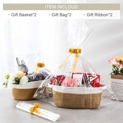 2 Pack Small Woven Basket with Gift Bags and Ribbons, Empty Decorative Gift Chest Box, Cute Baby Gift Basket for Nursery, Cotton Rope Room Shelf Storage Basket wi Handles, All 12"x 8"x 5",Yellow - Image 2