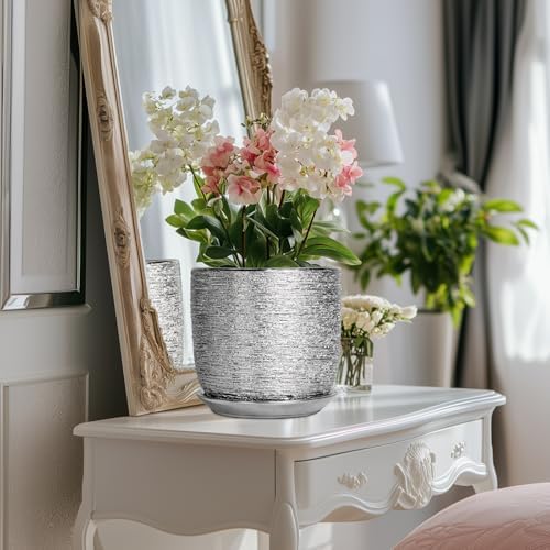 Ceramic Pot for Plants 8 Inch - Ceramic Flower Pot Indoor with Drainage Hole and Saucer, Decorative Round Indoor Planter, Plant Lover Gifts, Patio Home Office House Decor, Silver - Image 5