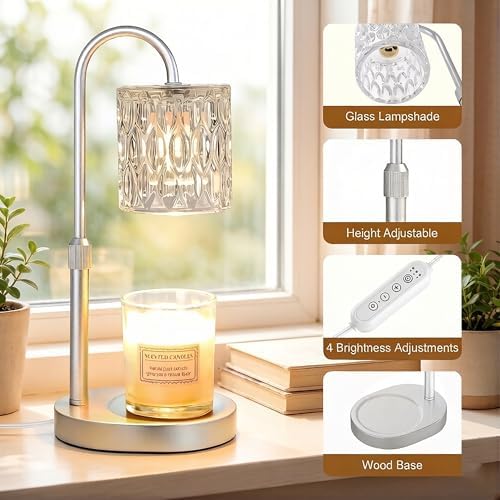 Dreamholder Electric Candle Warmer Lamp with Timer, Dimmable Candle Lamp with Adjustable Height, Wax Melter for Jar Candles Wood Base Floral Home Decor Gifts for Women Mom, Silver Glass - Image 5