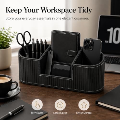 KINGFOM Modern Leather Desk Organizer for Men & Women, Aesthetic Office Desk Accessories Organizer, Faux Leather Vanity Organizer for Pens, Makeup Brushes, Remote Controls, Black Minimalist Desk Decor - Image 5
