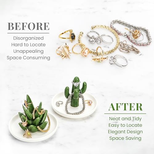 Elsjoy Set of 2 Ceramic Ring Holder Dish, Decorative Round Jewelry Display Trays, Aloe & Cactus Small Trinket Plate for Home, Gift, Mother's Day - Image 6