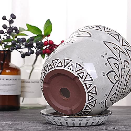VanEnjoy 5.9 inch Round Bohemian Style Ceramic Planter, Geometry Engrave Off White Brown Succulent Planter Flower Pot, Indoor Outdoor Decorative Planter - Image 4