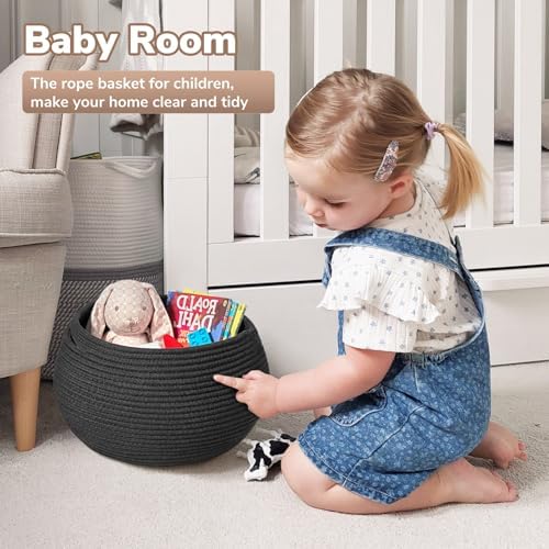 Goodpick Round Woven Rope Storage Basket for Shelves, 10" x 8.3", Black - Image 3