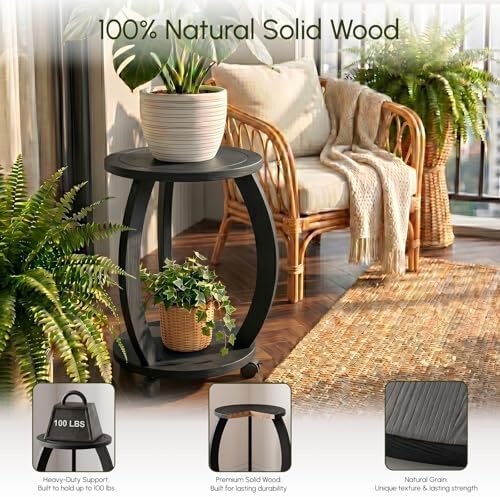 2 Tier Wooden Plant Stand Indoor with Wheels – Tall Plant Stand for 6-12 Inch Pots, Mid-Century Modern Rustic Plant Table Indoor, Pedestal Stand for Corner, Living Room, Balcony, Black - Image 5