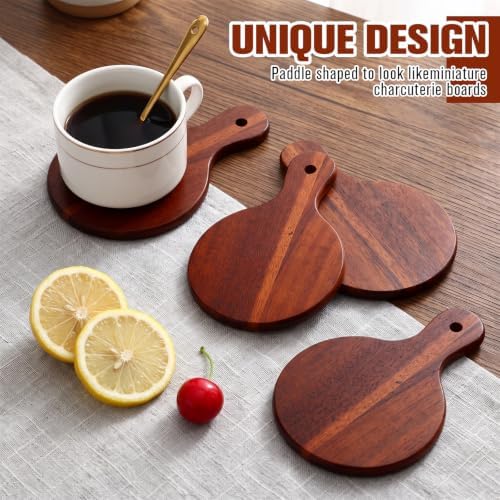 6 Set Acacia Wood Coasters with Handle, 4x6 in Paddle Shape - Image 5