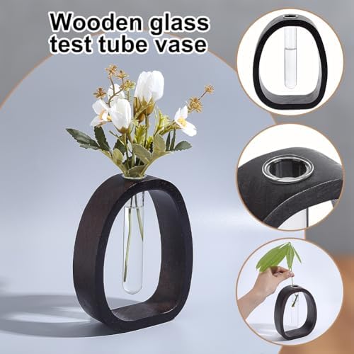 UNICRAFTALE Dark Brown Solid Wood Vase Small Desk Hydroponic Plant Frame Glass Test Tube Vases Decorative Single Flower Holder Office Home Decoration for Garden Terrarium - Image 3
