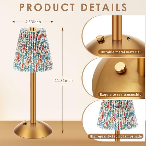 Liliful 2 Pcs Cordless Table Lamp LED Touch, Gold, Floral Style - Image 2