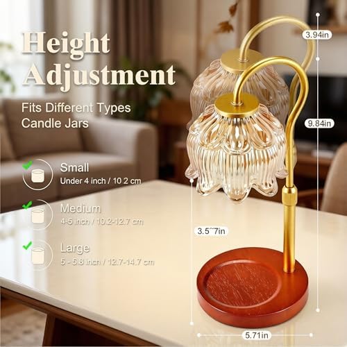 Dreamholder Electric Candle Warmer Lamp with Timer, Dimmable Candle Lamp with Adjustable Height, Glass Wax Melter for Jar Candles Wood Base Floral Home Decor Gifts for Women Mom, Walnut Wood - Image 2